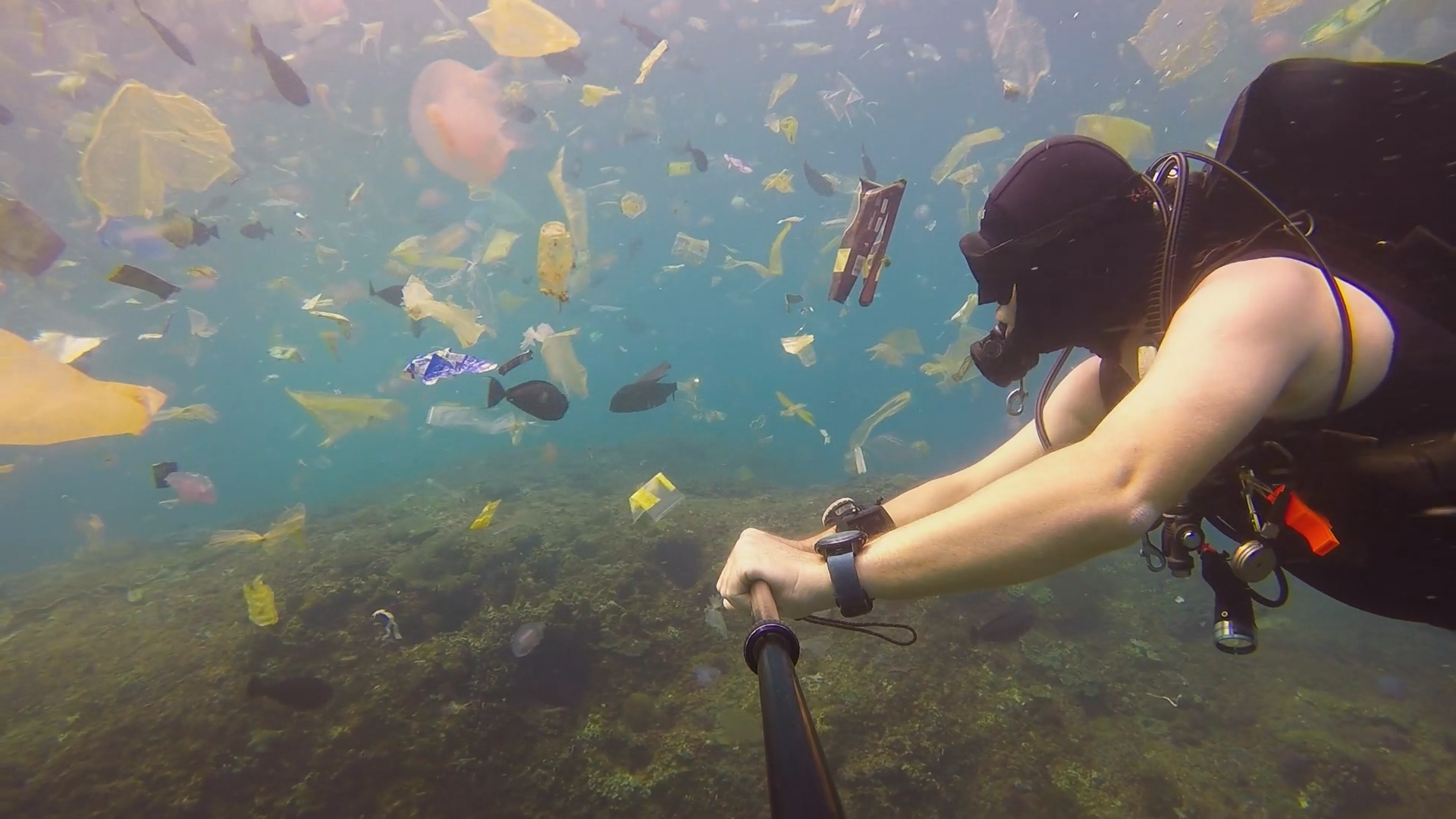 Photo of diver swimming through plastic debris suspended underwater.